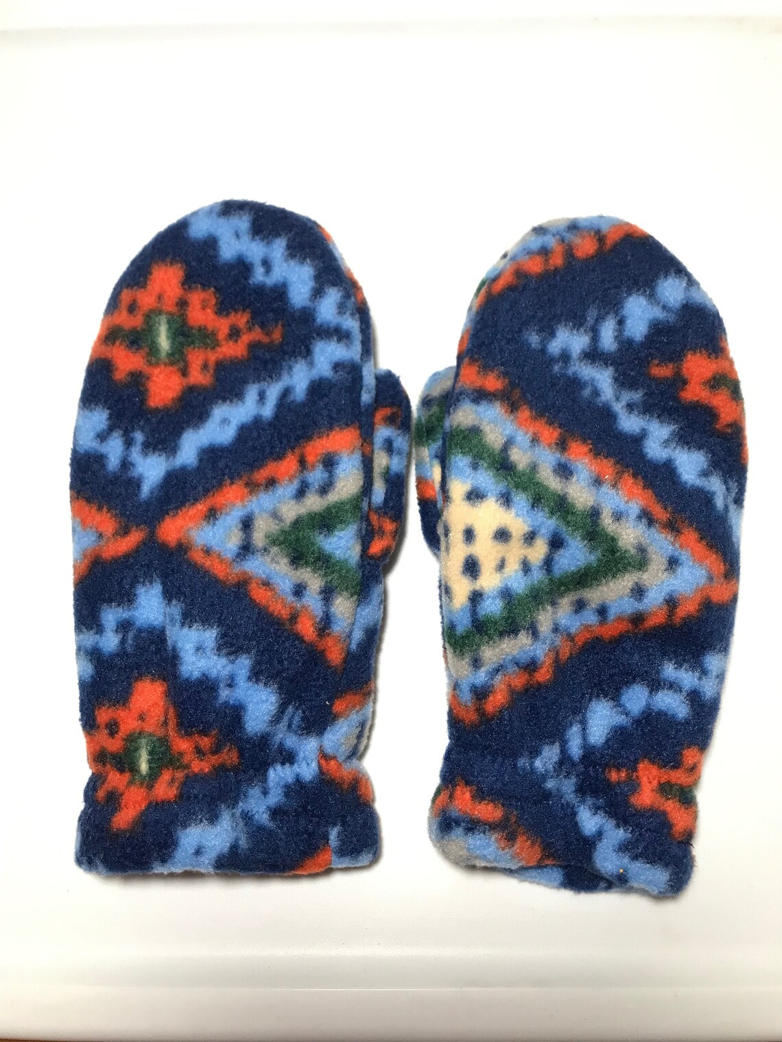 Double Layer Fleece Mittens in a Diamond Pattern of Dark Blue, Light