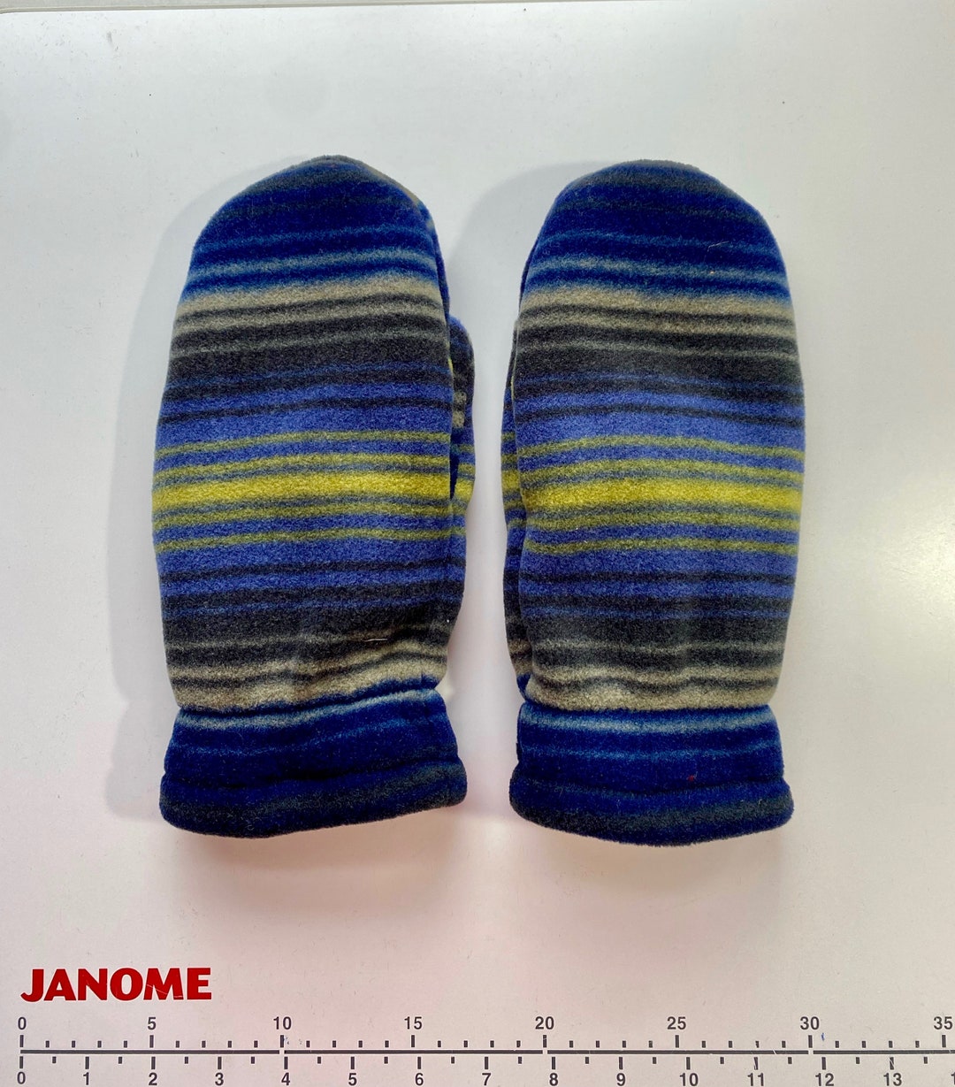 Double Layer Fleece Mittens in a Striped Pattern in Blues, Greens, Grey