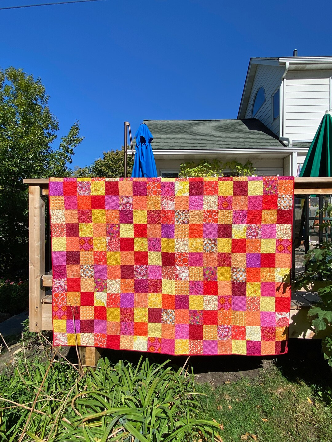 Modern Quilt, Twin Size, or Very Large Throw Size, Red, Yellow, Orange