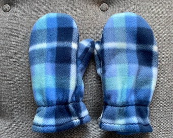 Double layer fleece mittens in blue plaid fleece