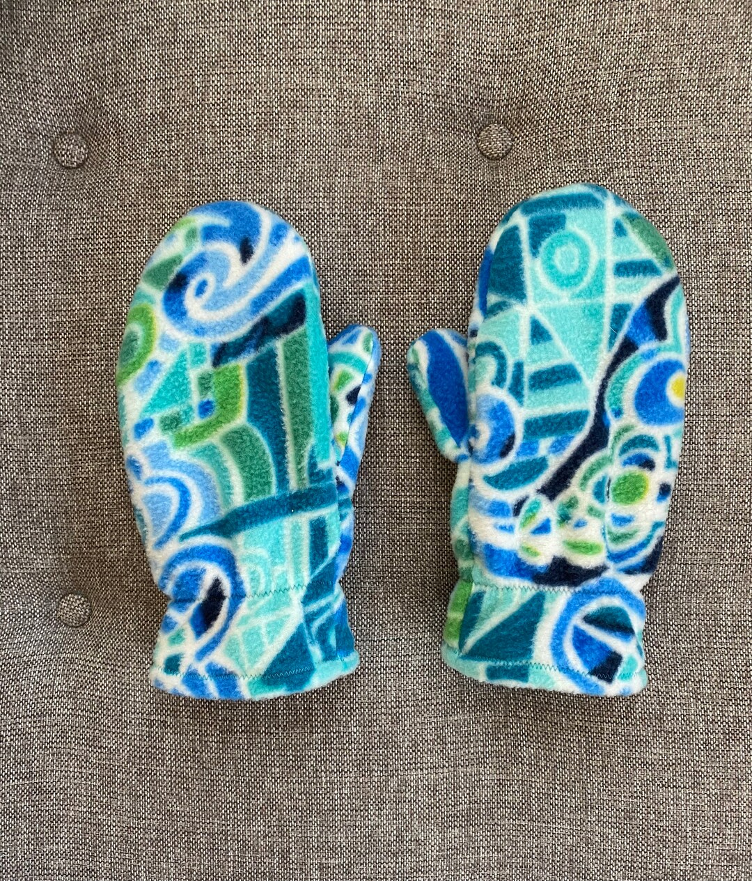 Double Layer Fleece Mittens in Fun Abstract Pattern in Blue, Turquoise ...