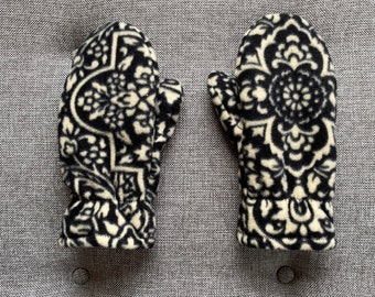 Double layer fleece mittens in black and cream  print fabric