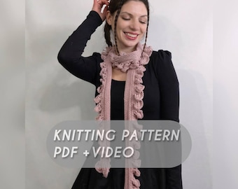 Modello per lavorare a maglia una sciarpa sottile con volant / Cravatta romantica con bordo in pizzo (PDF + video)