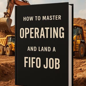 Op de afbeelding: Een zwart boek met de titel "HOW TO MASTER OPERATING AND LAND A FIFO JOB" tegen een achtergrond van een bouwplaats. Gele bouwmachines, waaronder een dumper en een graafmachine, zijn zichtbaar. De titel is in witte letters.