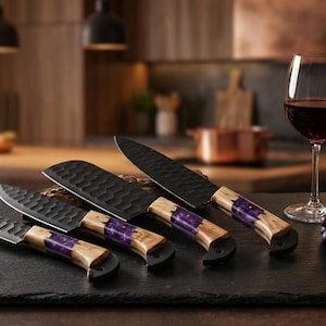 5 Pieces Handmade Knife Set, Hand Forged Chef Knives Kitchen Set Damascus Steel Knives Gift for Her, Purple Solid Wood Handle