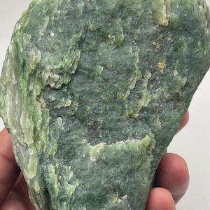 Puede incluir: Una pieza de jade verde en bruto, de forma irregular. La piedra tiene una superficie texturizada con diferentes tonos de verde. El jade se sostiene en una mano, mostrando su forma natural y sin pulir.