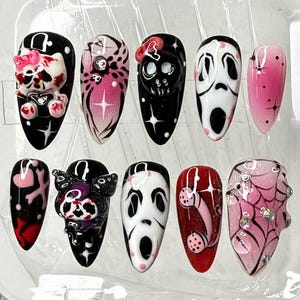 Horror Pink & Black Ghostface Cat Press On Nails: Halloween Nail Set