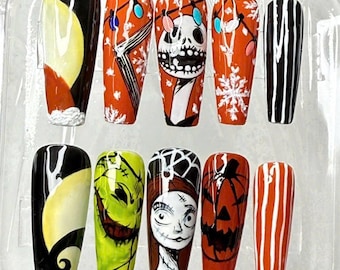 Halloween Christmas Press On Nails: Spooky Gothic Hand Painted Nail Set