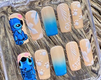 Cartoon Blue Character Press On Nails: Handmade Gradient Beige Nail Set