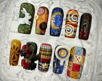 Unghie finte Cottagecore stravaganti: set di unghie patchwork retrò fatte a mano e con coniglietto lunare