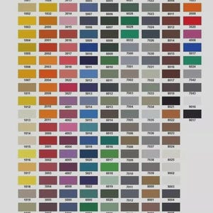 May include: A color chart featuring a grid of various paint swatches, each labeled with a unique four-digit code. The swatches display a wide range of colors, including yellows, blues, greens, reds, and grays, for paint selection.