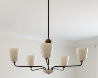 1950s Mid-Century Modern Brass Chandelier | Italian 5-Arm Wooden Ball Pendant