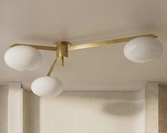 Mid Century Brass Sputnik Chandelier, Opal Glass, 3-Light Flush Mount Ceiling Chandelier light fixture