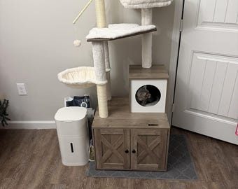 Modern Wood Cat Tree Condo with Hidden Litter Box Enclosure, Sisal Scratching Posts