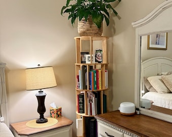 Solid Wood Rotating Bookshelf, 360 Swivel Book Tower, Space-Saving