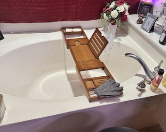 Expandable Bamboo Bathtub Caddy, Book Stand, Wine Holder, Non Slip Spa Organizer
