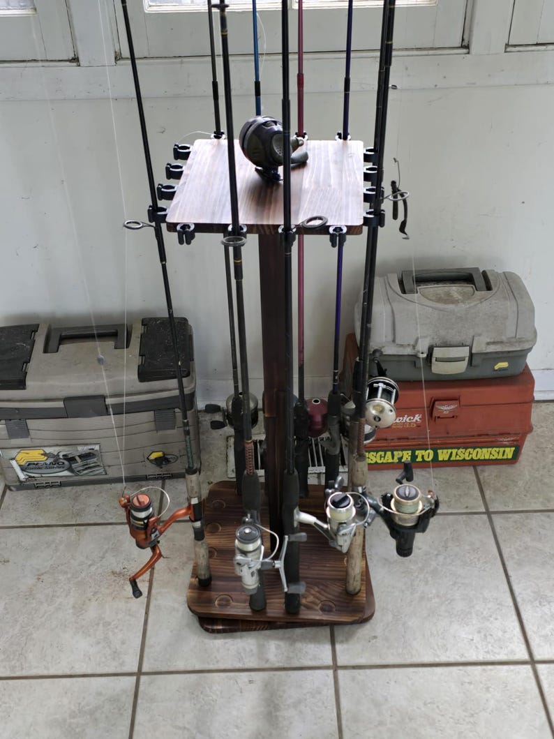 Multiple Rotating Rods 360 Rotating Wooden Fishing Rod Rack, Garage Pole Holder, Holds 16 Rods ...