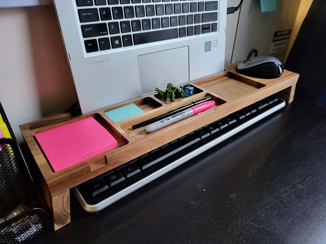 Computer Keypad Caddy Acacia Wood Desk Organizer With Keyboard Shelf, Office Desk Caddy - Etsy