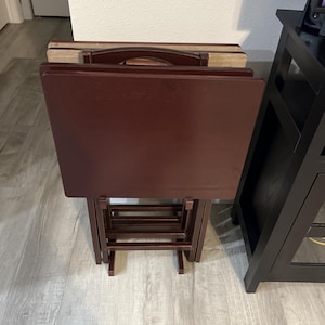 Espresso Wooden Folding TV Tray Table Set with Storage Rack