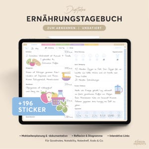 Könnte beinhalten: Ein digitales Tablet mit einem digitalen Ernährungstagebuch mit dem deutschen Text "ERNÄHRUNGSTAGEBUCH". Der Bildschirm zeigt Essensplanung, Kalorienverfolgung und interaktive Links. Enthält ein Stickerpaket.