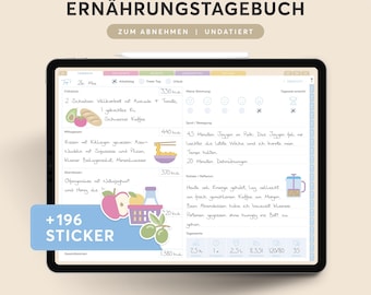 May include: A digital tablet displaying a digital food diary with the German text "ERNÄHRUNGSTAGEBUCH" (Nutrition Diary). The screen shows meal planning, calorie tracking, and interactive links. Includes a sticker pack.