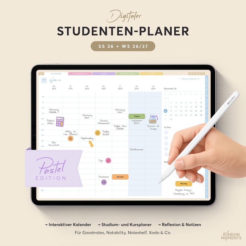 Digital study planner, calendar & semester planner SS 26 + WS 26/27 – iPad, Goodnotes, Notability – German PDF + Stickers (Pastel Edition) image 1