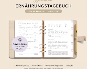 Food diary for weight loss – printable: A4 & A5 – undated – German PDF
