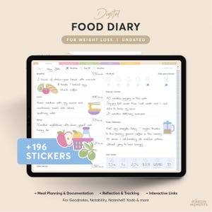 May include: A digital food diary displayed on a tablet, featuring handwritten notes, illustrations, and calorie tracking. The screen shows a daily food log with meal entries, exercise details, and a sticker count of +196. The diary is designed for weight loss and is undated.