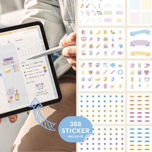 May include: A digital planner on a tablet with a stylus, featuring a calendar view and colorful sticker designs. The image includes a variety of stickers, including arrows, food icons, and decorative elements. The text "388 Sticker Inklusive" is visible.
