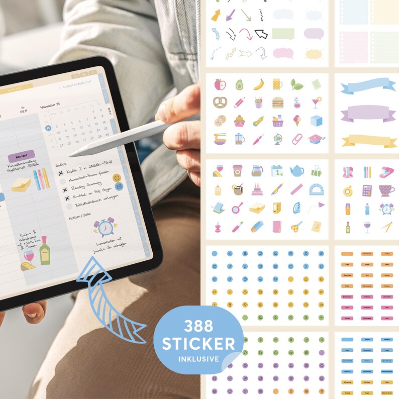 May include: A digital planner on a tablet with a stylus, featuring a calendar view and colorful sticker designs. The image includes a variety of stickers, including arrows, food icons, and decorative elements. The text "388 Sticker Inklusive" is visible.