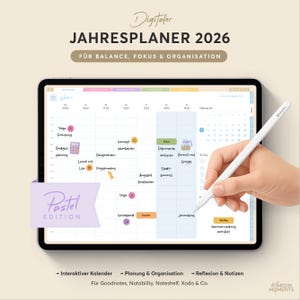 Pode incluir: Um planejador digital em um tablet com o texto "Digitaler JAHRESPLANER 2026" e "Pastel EDITION." O planejador exibe um calendário com várias entradas e notas codificadas por cores. Uma caneta branca é segurada perto da tela.