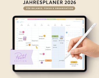 May include: A digital planner on a tablet with the text "Digitaler JAHRESPLANER 2026" and "Pastel EDITION." The planner displays a calendar with various color-coded entries and notes. A white stylus is held near the screen.