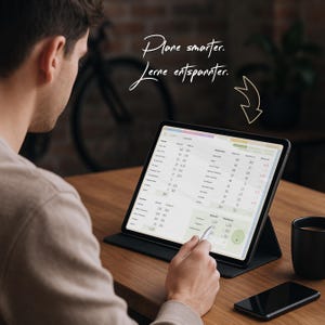 May include: A person using a tablet with a stylus on a wooden table. The tablet displays data, and the text "Plane smarter. Lerne entspannter." is written in cursive. A black smartphone and a coffee mug are also on the table.