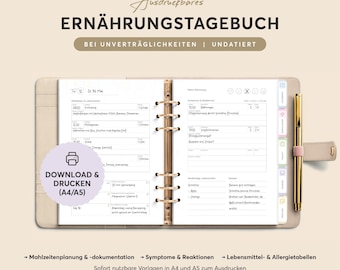 Ernährungstagebuch bei Unverträglichkeiten – zum Ausdrucken: A4 & A5 – undatiert – Deutsch PDF