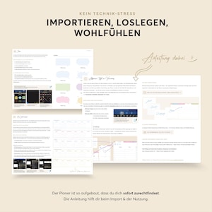 May include: A beige-toned image with text in German, including "KEIN TECHNIK-STRESS" and "IMPORTIEREN, LOSLEGEN, WOHLF&Uuml;HLEN." The image features screenshots of a digital planner with various layouts and instructions. The phrase "Anleitung dabei" is also visible.