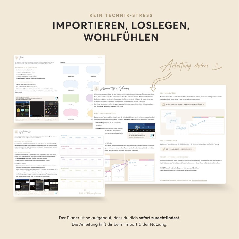 May include: A beige-toned image with text in German, including "KEIN TECHNIK-STRESS" and "IMPORTIEREN, LOSLEGEN, WOHLF&Uuml;HLEN." The image features screenshots of a digital planner with various layouts and instructions. The phrase "Anleitung dabei" is also visible.