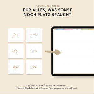 May include: A digital planner interface with a tablet and six small note card options: Liniert, Foriert, Raster, Cornell, Musik, and Blanko. The text reads "F&Uuml;R ALLES, WAS SONST NOCH PLATZ BRAUCHT" and "Ob Notizen, Skizzen, Musiklinien oder Reflexionen: Mit den Einf&uuml;ge-Seiten erg&auml;nzt du deinen Planer genau so, wie es f&uuml;r dich passt."