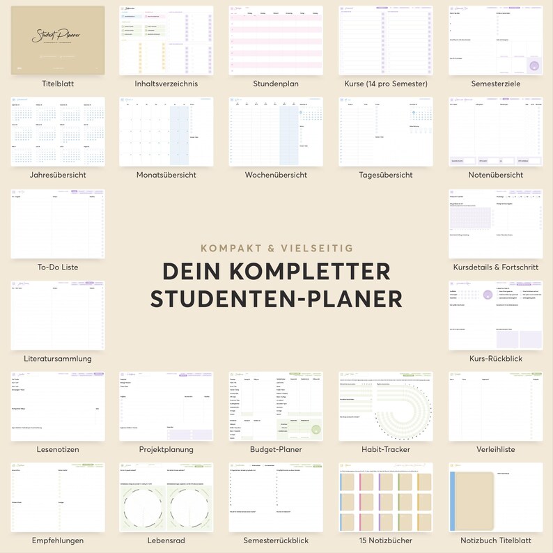 May include: A beige student planner with various pages for organization. Includes sections for yearly, monthly, and weekly overviews, to-do lists, and note-taking. The planner also features a title page and a section for course details.