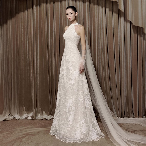 Luxury High Neck Lace Wedding Dress Courthouse Wedding Dress  Halter Neck  Bridal Gown With Train  Custom Handmade - Etsy