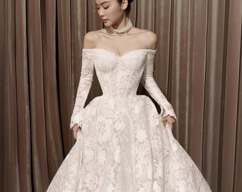 Flowy Winter Wedding Dress Lace Corset Satin Gown, Christmas Bridal Gown,  Romantic Reception Fairytale