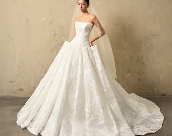 Corset Ball Gown Lace Wedding Dress, Lace Strapless Bridal Gown with Full Skirt, Elegant Couture Princess Dress, Custom Made Wedding Dress