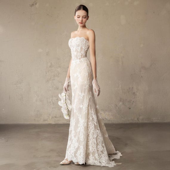 Lace mermaid wedding dress with strapless corset fantasy wedding dress, beaded bridal gown, nude lining lace dress elegant fitted train gown