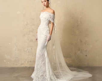 Off Shoulder Lace Mermaid Wedding Dress courthouse wedding dress – Corset Bridal Gown with Train, Custom Made