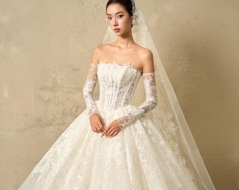 Trouwjurk met kanten korset en lange mouwen Fairy Fantasy-trouwjurk | Off-shoulder prinses bruids baljurk | Op maat handgemaakt