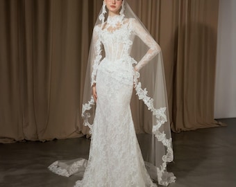 Robe de mariée corset sirène en dentelle - Robe de mariée manches longues et col montant, appliqué de dentelle transparente sur mesure