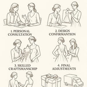 Peut inclure: Une illustration au trait intitul&eacute;e THE WEDDING DRESS DESIGN PROCESS LINOIRE BRIDAL, montrant sept &eacute;tapes : 1. PERSONAL CONSULTATION, 2. DESIGN CONFIRMANTION, 3. SKILLED CRAFTSMANSCHIP, 4. FINAL ADJUSTMENTS, 5. ELEGANC PACKAGING et 7. DELIVERY.