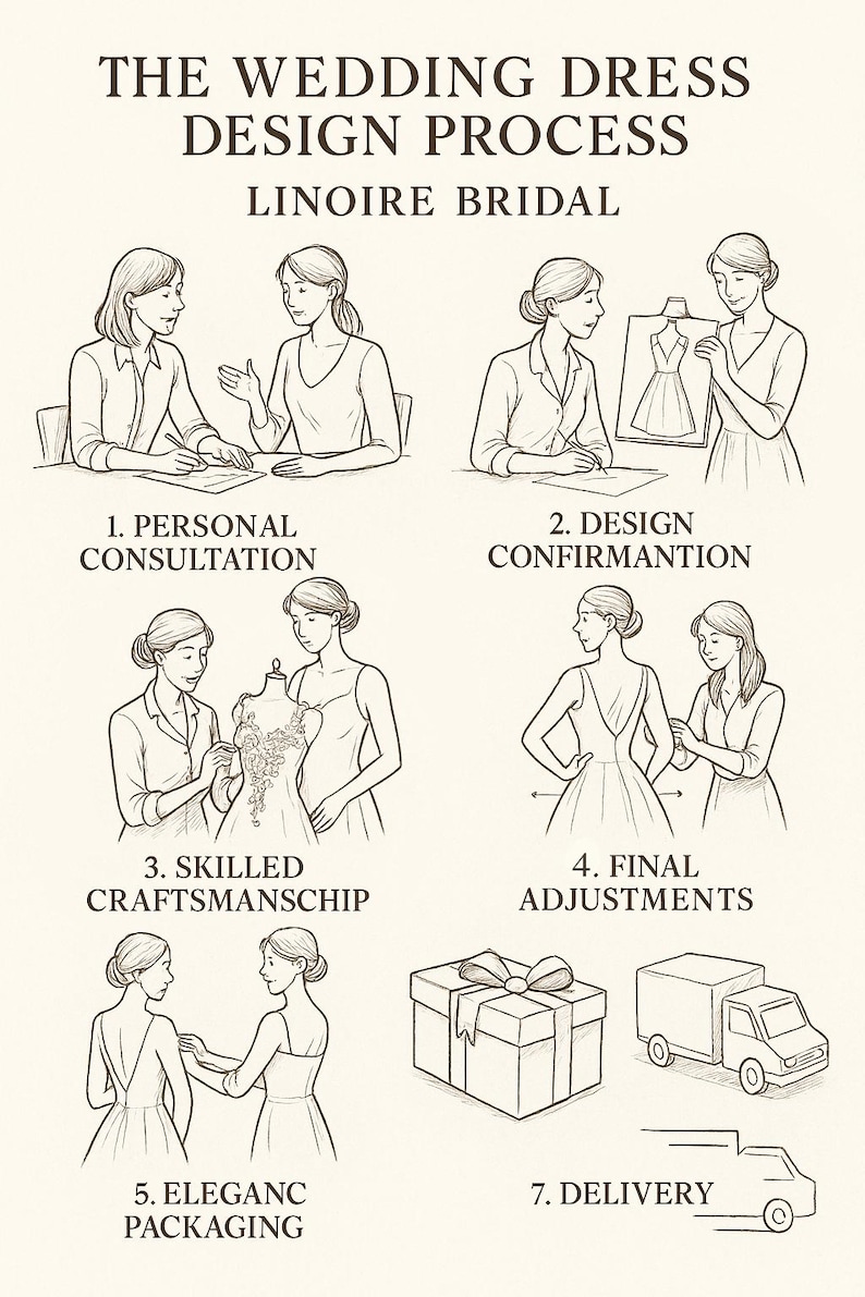Peut inclure: Une illustration au trait intitul&eacute;e THE WEDDING DRESS DESIGN PROCESS LINOIRE BRIDAL, montrant sept &eacute;tapes : 1. PERSONAL CONSULTATION, 2. DESIGN CONFIRMANTION, 3. SKILLED CRAFTSMANSCHIP, 4. FINAL ADJUSTMENTS, 5. ELEGANC PACKAGING et 7. DELIVERY.