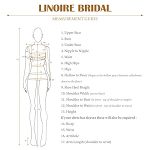 Peut inclure: Un guide de mesure Linoire Bridal pr&eacute;sentant un dessin au trait noir d'une silhouette humaine avec dix-sept fl&egrave;ches num&eacute;rot&eacute;es indiquant des points de mesure corporels sp&eacute;cifiques, incluant buste, taille, hanches et longueur de bras.
