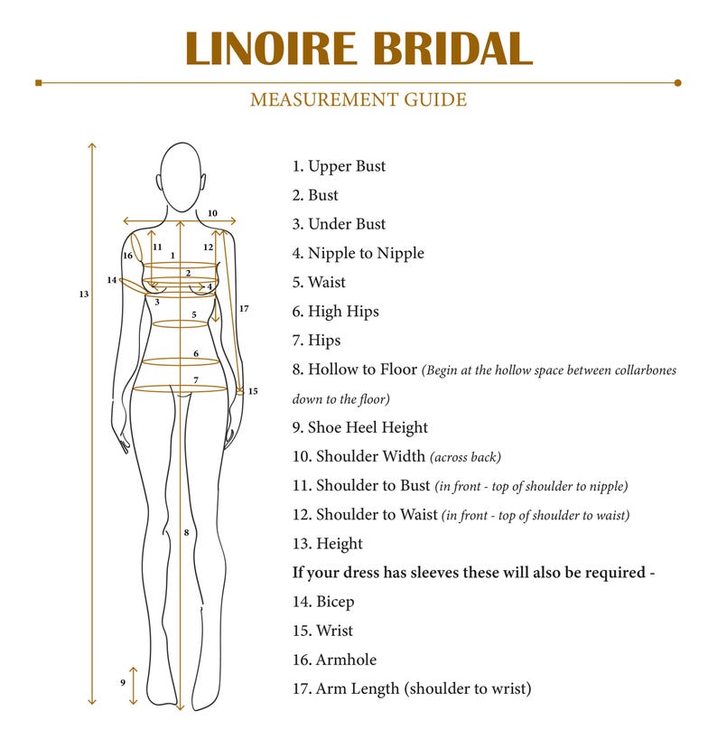 Peut inclure: Un guide de mesure Linoire Bridal pr&eacute;sentant un dessin au trait noir d'une silhouette humaine avec dix-sept fl&egrave;ches num&eacute;rot&eacute;es indiquant des points de mesure corporels sp&eacute;cifiques, incluant buste, taille, hanches et longueur de bras.