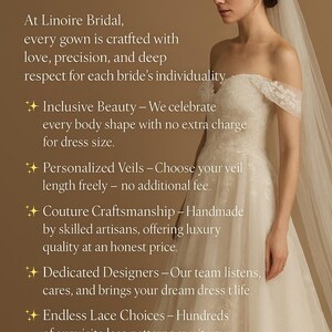 Puede incluir: Una novia con un vestido de novia con hombros descubiertos con detalles de encaje y un velo. La imagen incluye el texto "Por qu&eacute; las novias eligen Linoire Bridal" y destaca caracter&iacute;sticas como la belleza inclusiva y la artesan&iacute;a de alta costura.